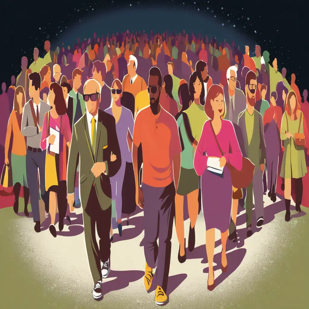 mass of people all coming forward in a colourful illustration style
