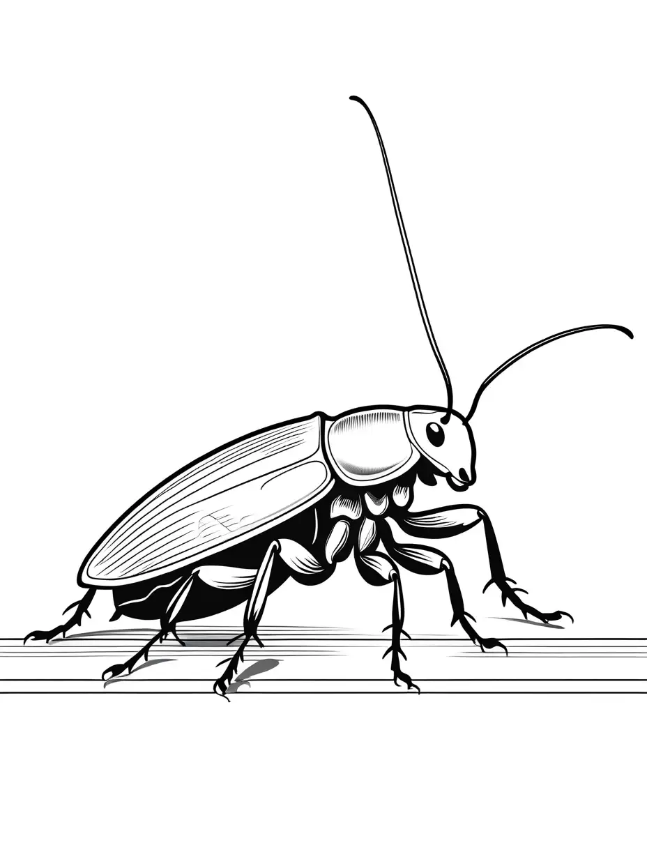 A cockroach with antennae, scurrying across a kitchen floor., Coloring Page, black and white, line art, white background, Simplicity, Ample White Space. The background of the coloring page is plain white to make it easy for young children to color within the lines. The outlines of all the subjects are easy to distinguish, making it simple for kids to color without too much difficulty