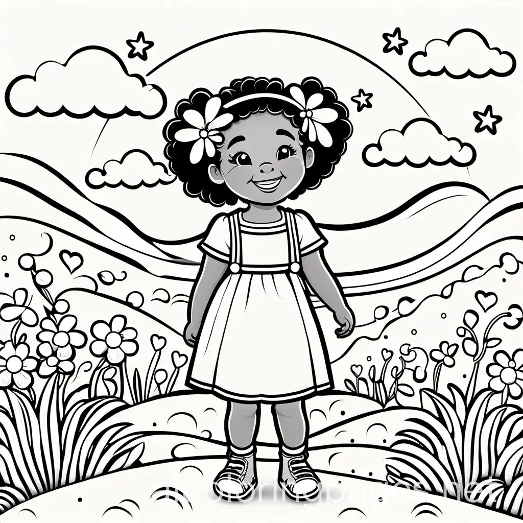 toddler girl character dark skin curly pigtails happy smiling. Day is turning to evening the sky is pink The overall atmosphere should be playful and whimsical, capturing the joy of the end of a  sunny day in the garden.", Coloring Page, black and white, line art, white background, Simplicity, Ample White Space. The background of the coloring page is plain white to make it easy for young children to color within the lines. The outlines of all the subjects are easy to distinguish, making it simple for kids to color without too much difficulty
