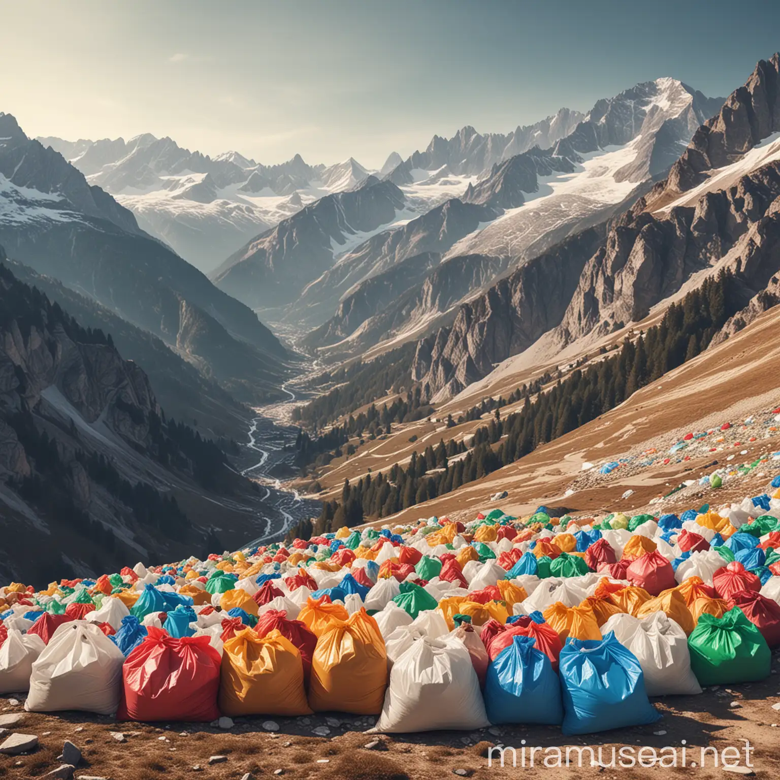 image réaliste des Alpes avec des sacs à commission en plastique colorés et vides qui sont répandus de manière dispersées sur les flancs de la montagne. Impression de pollution. 