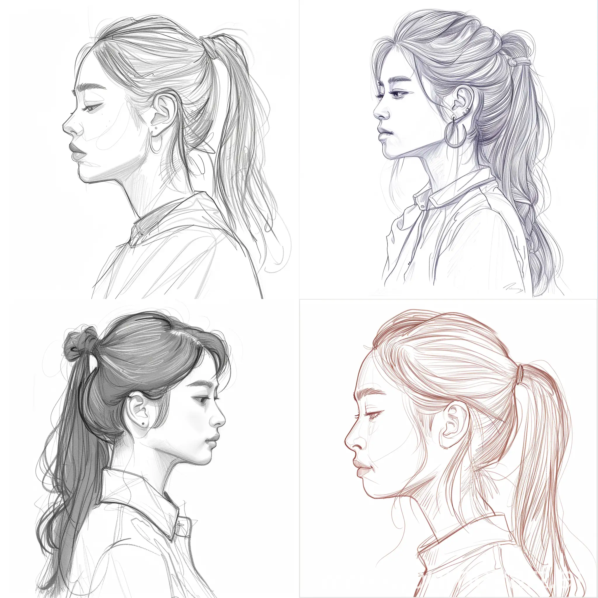 2D Rough digital drawing of profile shot of asian woman, beautiful, pretty, ponytail