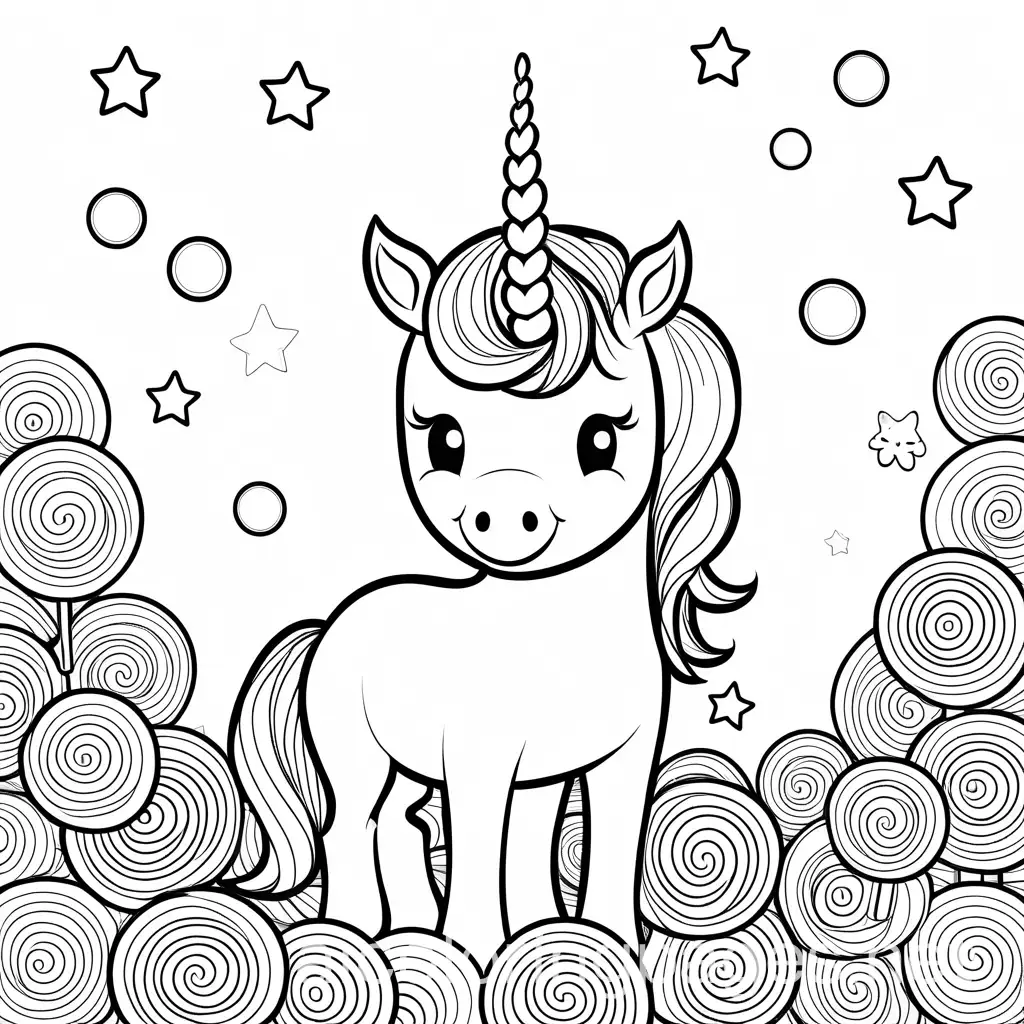 cartoon cute unicorn smiling with a background full of lollypops no logo, Coloring Page, black and white, line art, white background, Simplicity, Ample White Space. The background of the coloring page is plain white to make it easy for young children to color within the lines. The outlines of all the subjects are easy to distinguish, making it simple for kids to color without too much difficulty