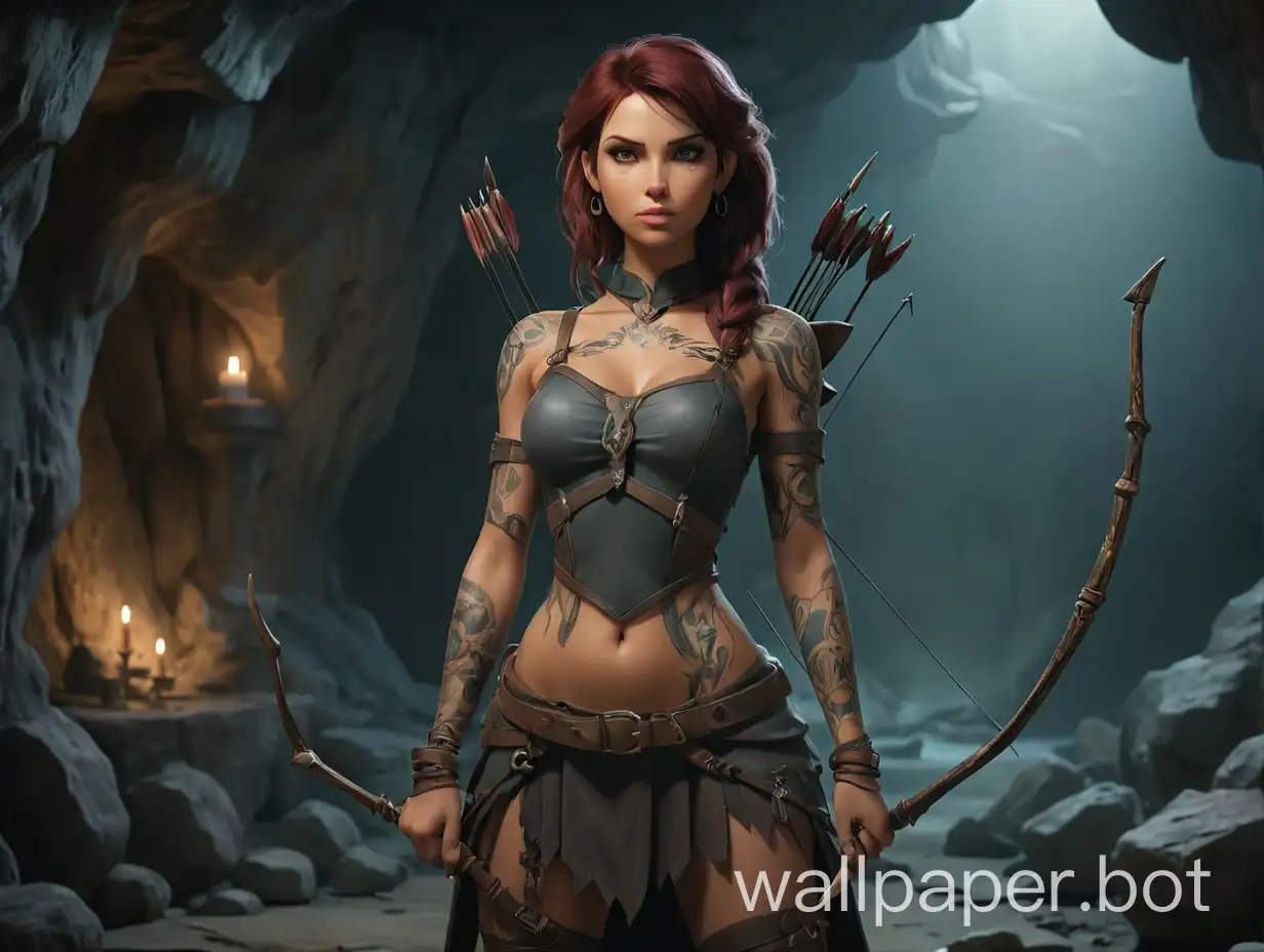 beautiful fantasy woman with tattoo in the cave. she must be an archer. full body length. dark scene. upscale it to 4k