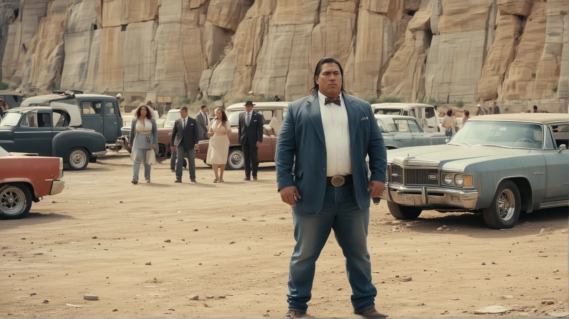 Group of People, men in suits, fat woman in dress, muscular native American, old cowboy in dusty jeans, standing in abandoned quarry, facing each, modern cars parked in background, midday light, photo realistic, cinematic low angle, 35mm film, wide angle lens