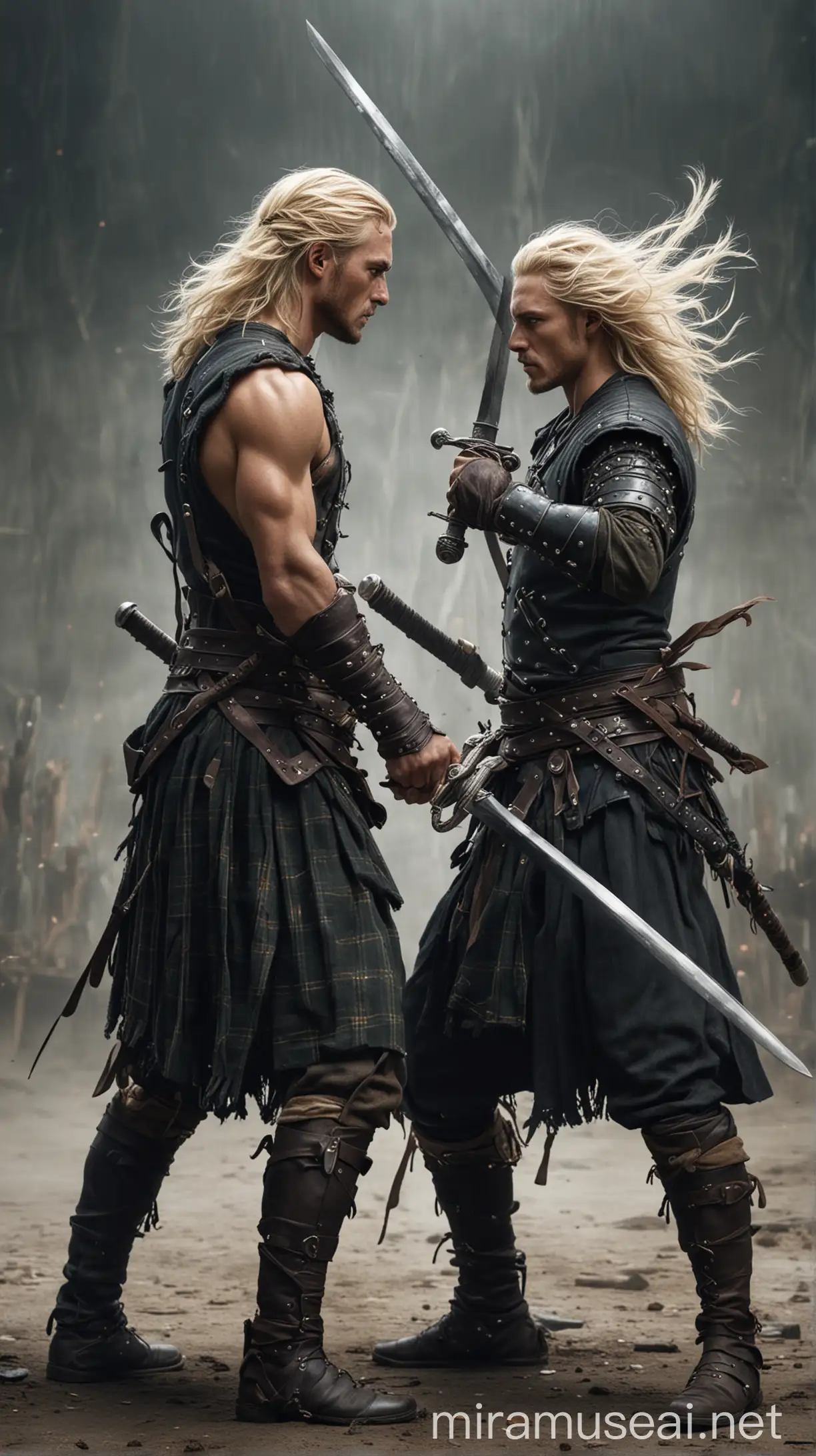 Dos guerreros luchando con espadas, guapos, escoceses, uno es moreno. El otro es rubio. Hiperrealista