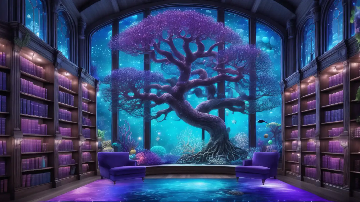Ocean library with water-floors, a majestic-giant-magical-tree glowing-with bright blues lights and bright purple lights of Blues and turquoise with purple-corals of magical potions on dark wooden bookshelves and a window showing a underwater ocean coral garden with colorful lights