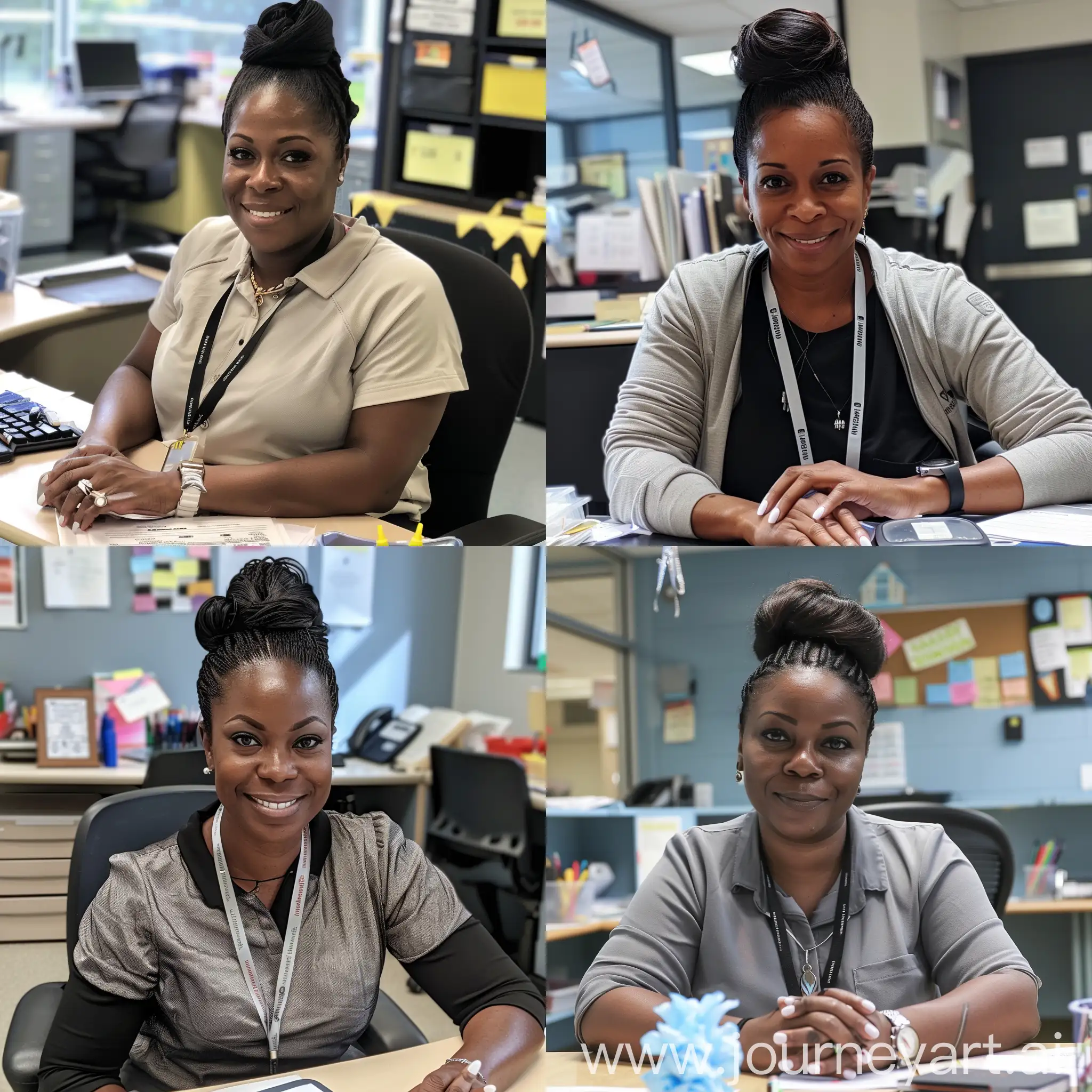 Smiling-Elementary-Teacher-at-Desk-with-Lanyard-and-White-Nail-Polish