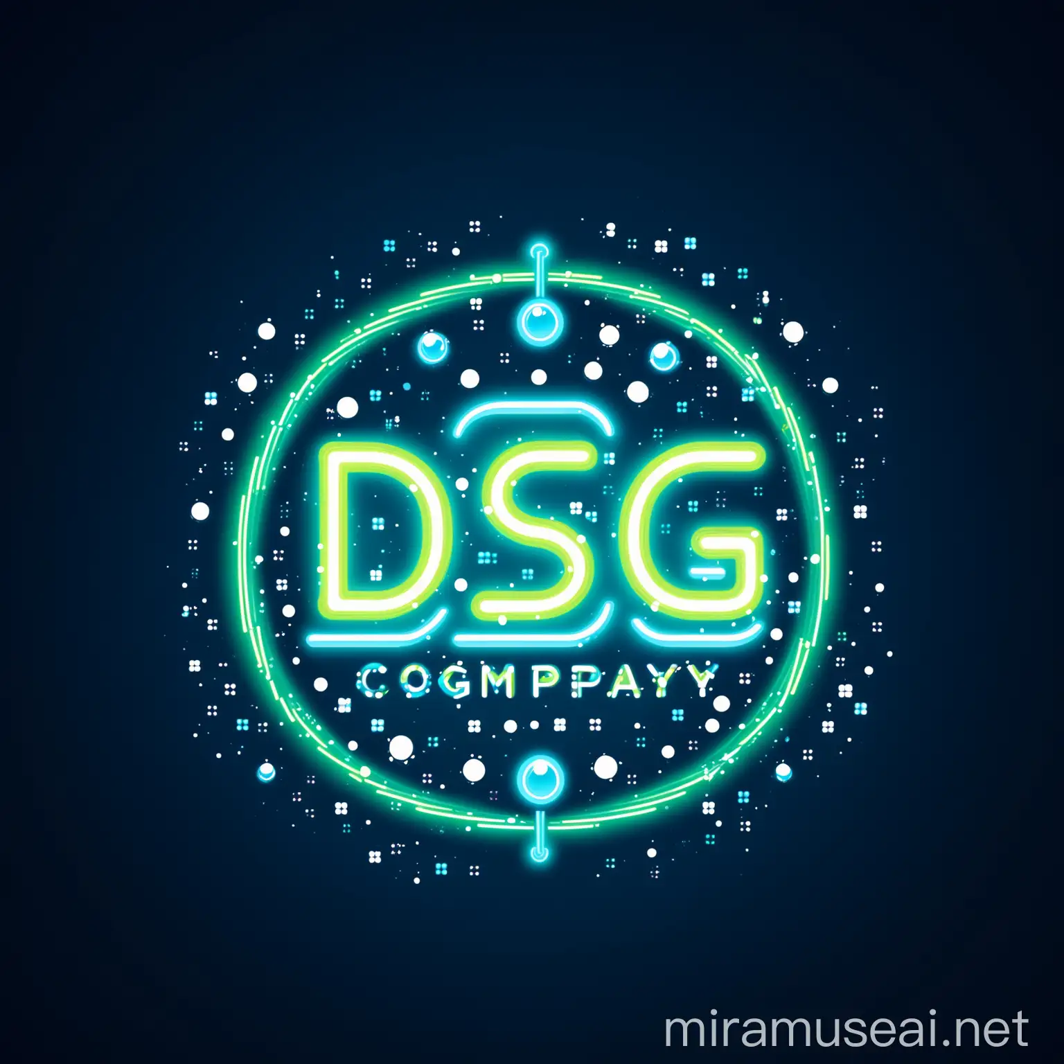 Logo png, vector, flat, flat colors, minimalist, Letters, "DSG" letters, neon, Neon sign, neon letters, Blue and white colors, front, symmetrical, simple, Bright, Water drops, particles, lights, Company logo, elegant company logo 