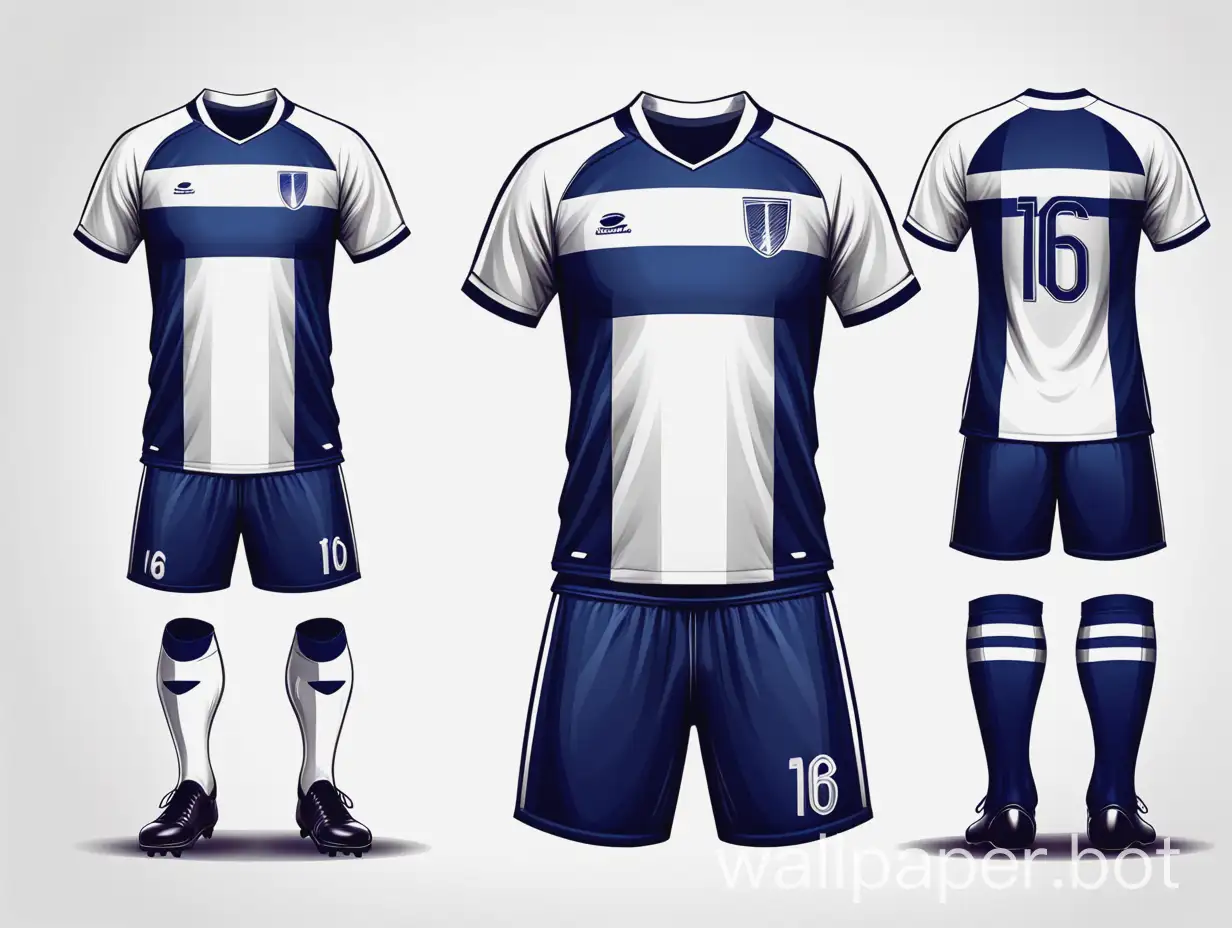 The soccer uniform is dark blue and white in a wide stripe on a white background sketch concept 16k