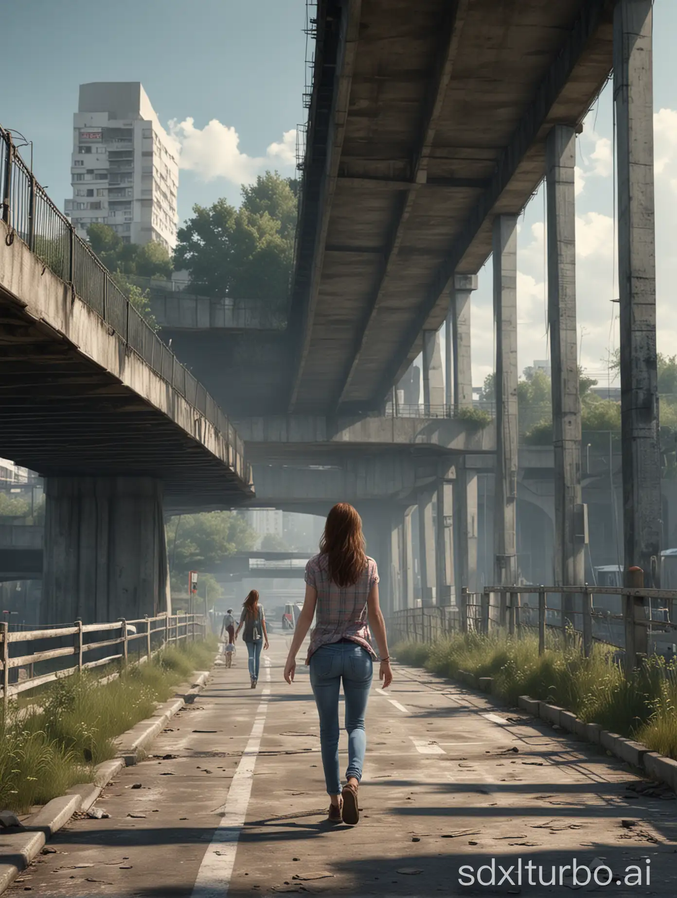 Urban-Stroll-Girl-Walking-with-Companion-Beneath-Overhead-Bridges