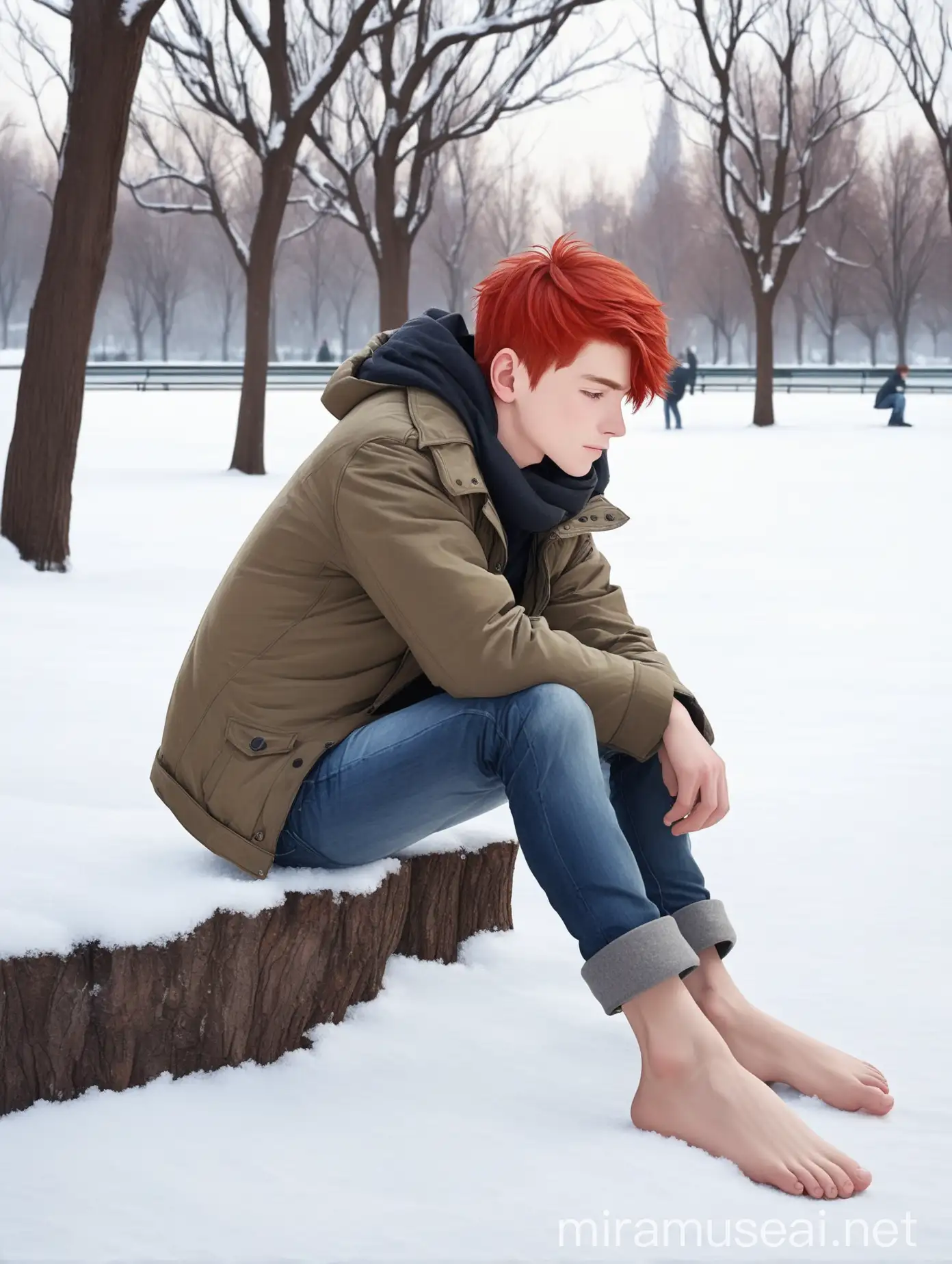 RedHaired Boy Sitting Barefoot in Winter Park Snow