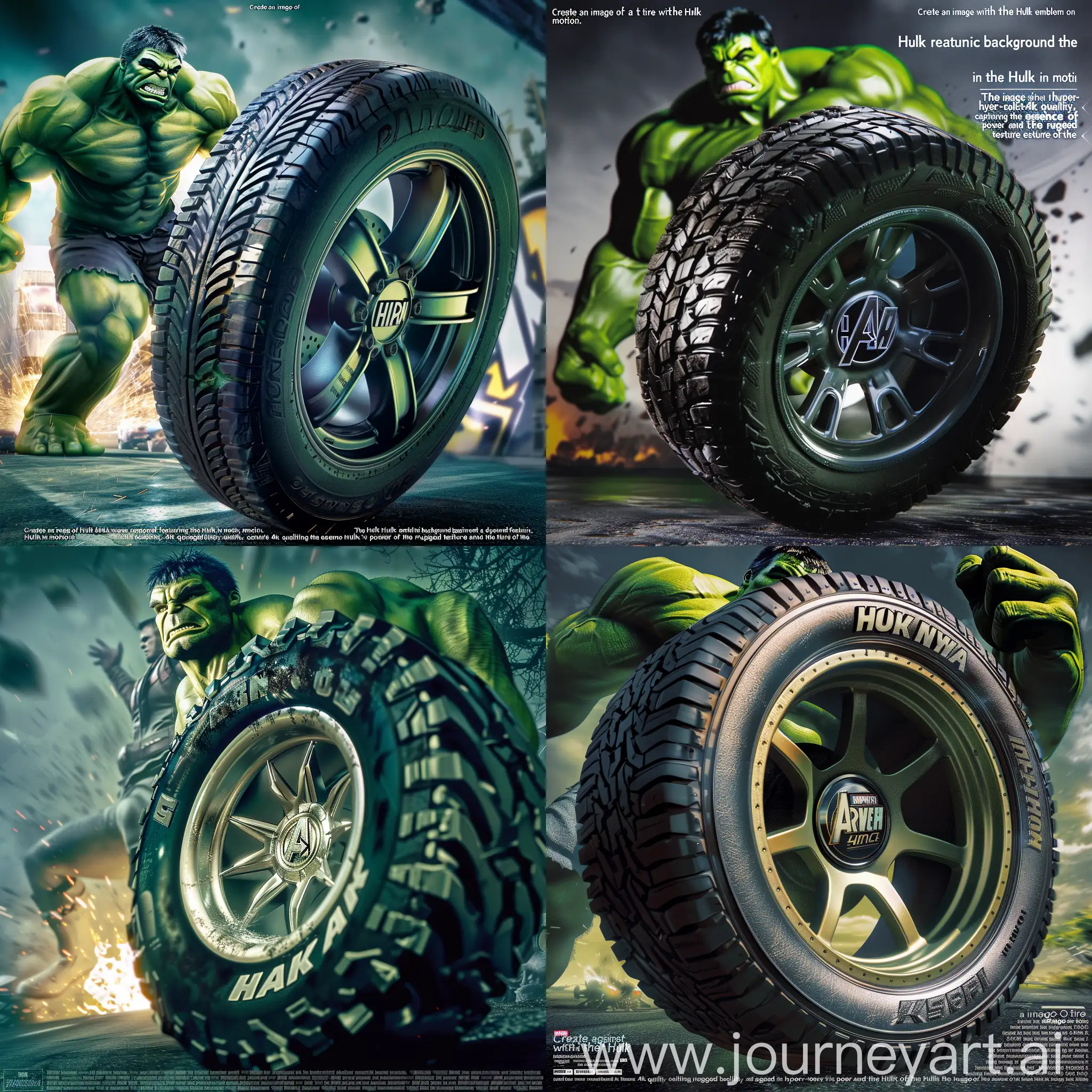 “Create an image of a tire with the Hulk emblem on the rim, set against a dynamic background featuring the Hulk in motion. The image should be rendered in hyper-realistic 4k quality, capturing the essence of the Hulk’s power and the rugged texture of the tire.”