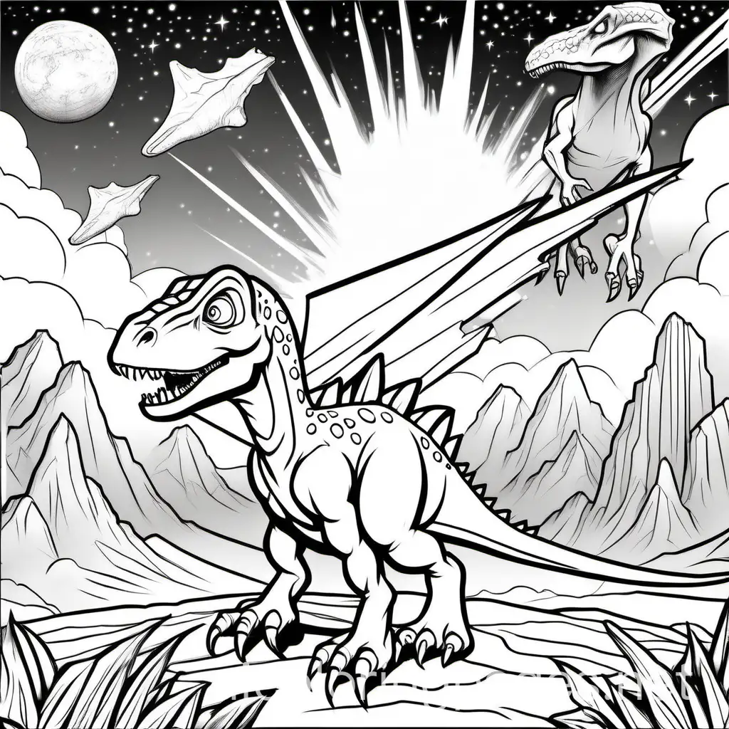 sky with a fiery asteroid descending towards a frightened dinosaur herd. 2 dimension, low detail, thick lines, no shading. , Coloring Page, black and white, line art, white background, Simplicity, Ample White Space. The background of the coloring page is plain white to make it easy for young children to color within the lines. The outlines of all the subjects are easy to distinguish, making it simple for kids to color without too much difficulty