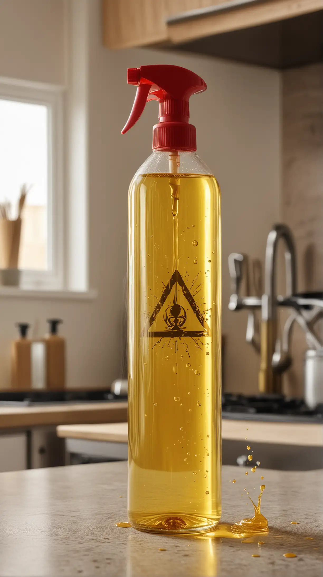 make a high quality image of a cooking oil spray bottle being used in the kitchen. the bottle has a hazard symbol engraved on it and the image makes it look like the bottle is going to explode

