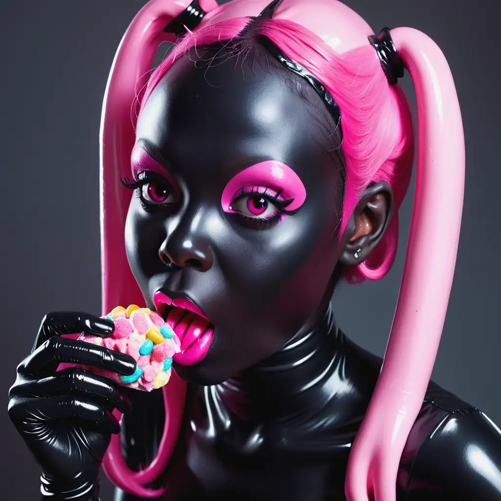 Латексная девушка с черной латексной кожей с розовыми латексными волосами ест леденцы