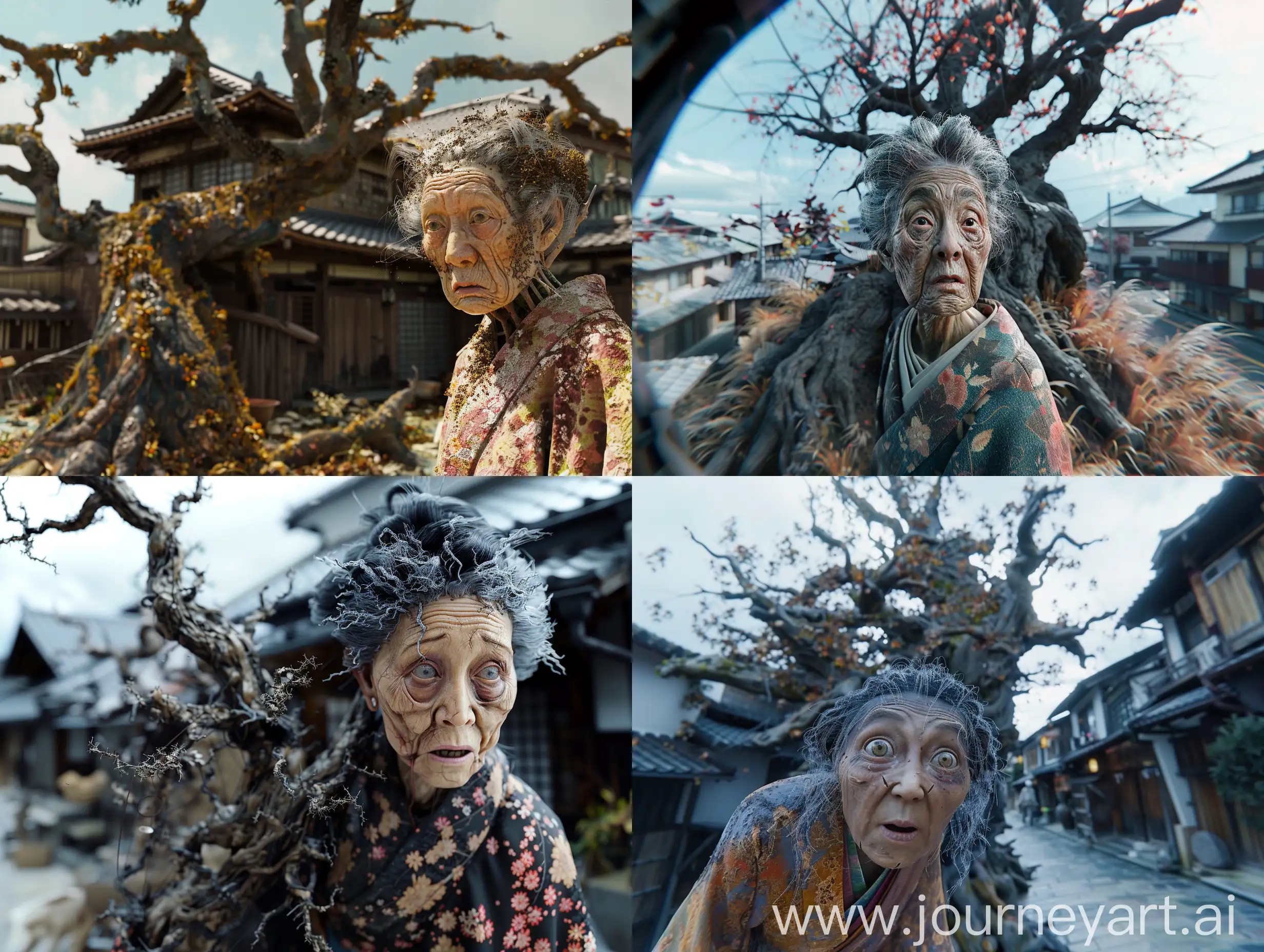 cinematic, realism, Using (((imagination))) to craft a photorealistic representation of an unusual fantasy dream, this image should be a panoramic shot, skillfully captured through an EE 70mm lens, providing a professional movie feel. The shot opens with a wide-shot  view of a picturesque scene, capturing A Japanese old man combined with an old withered tree, yokai. The UHD camera captures every detail of this moment, highlighting the colors and textures. With Scorsese's expert direction, this scene exudes drama and invites the audience to immerse themselves in the science fiction and weird future world, Generate a cinematic and highly detailed Al image of The strange world of the ghost bride, Render her in a photorealistic style, cinematic, capturing the fine details of her features, clothing, and surroundings. The woman should exude with a feeling of fear, Pay close attention to realistic skin tones, textures, and lighting conditions. Ensure the image is in high resolution, such as 8K, to showcase the intricate details and allow
