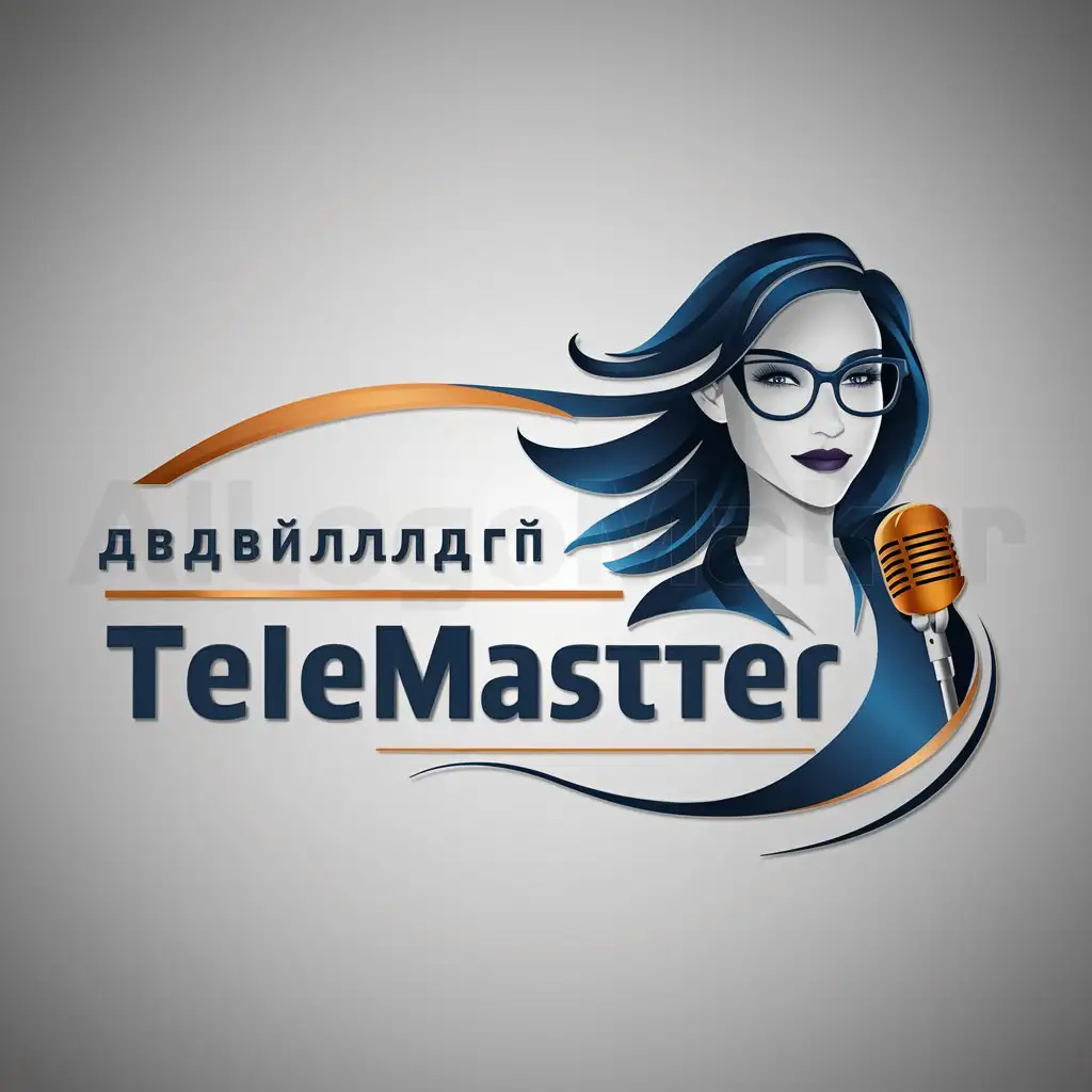 a logo design,with the text "TeleMaster in Russian", main symbol:the silhouette of a female news anchor with long hair, wearing glasses of deep blue color and a microphone with orange inlays,Moderate,clear background