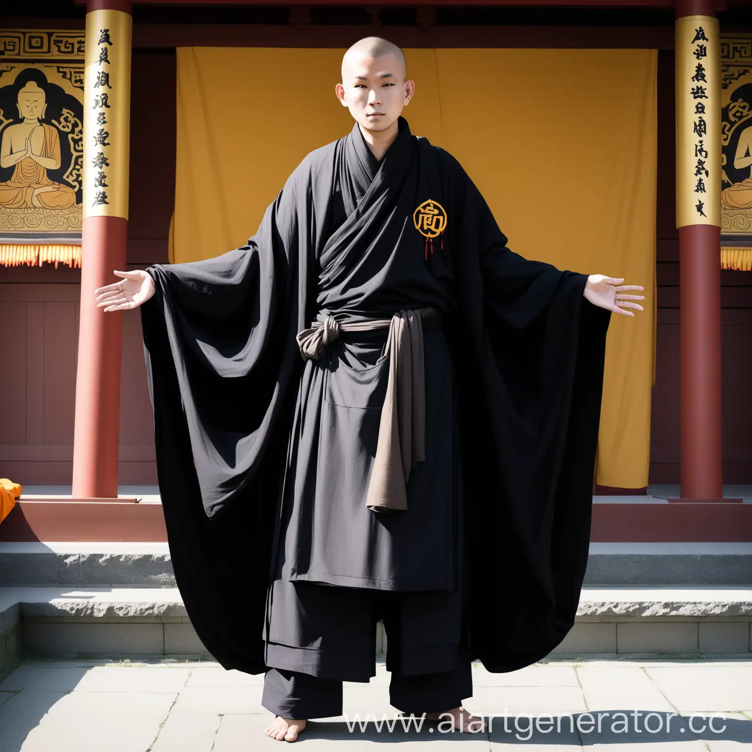 Buddhist-Monk-Attired-in-Traditional-Black-Garb-with-Symbolic-Mantra-Apron