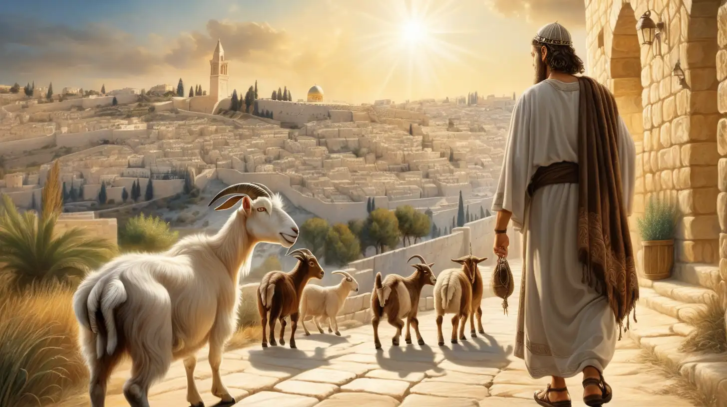 Hebrew Man Leading Goat Toward Jerusalem in Biblical Setting