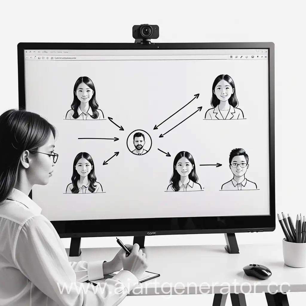 Рисунок на белом фоне нарисованный черным карандашом где изображено как человек подключается к видео конференции без рук и карандашей