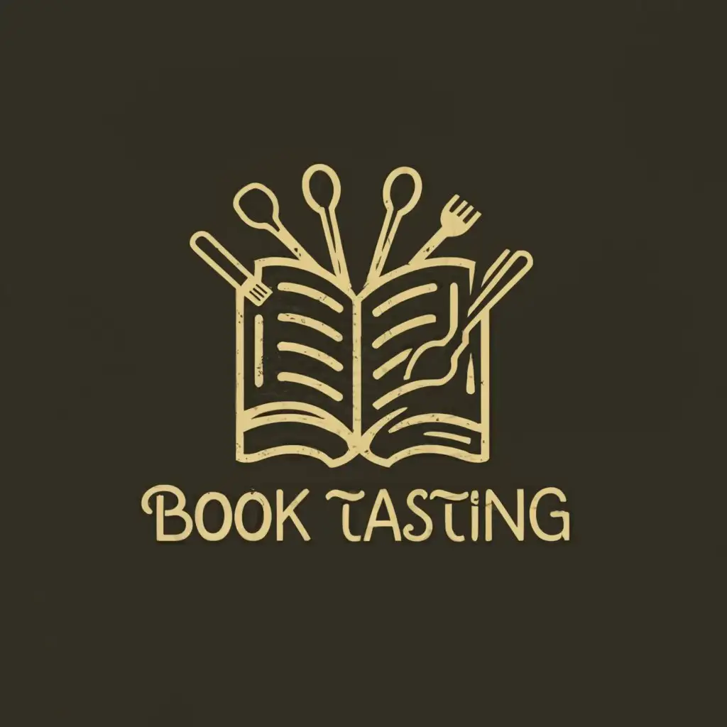 a logo design,with the text "Book Tasting", main symbol:open book fork knife spoon,Moderate,clear background