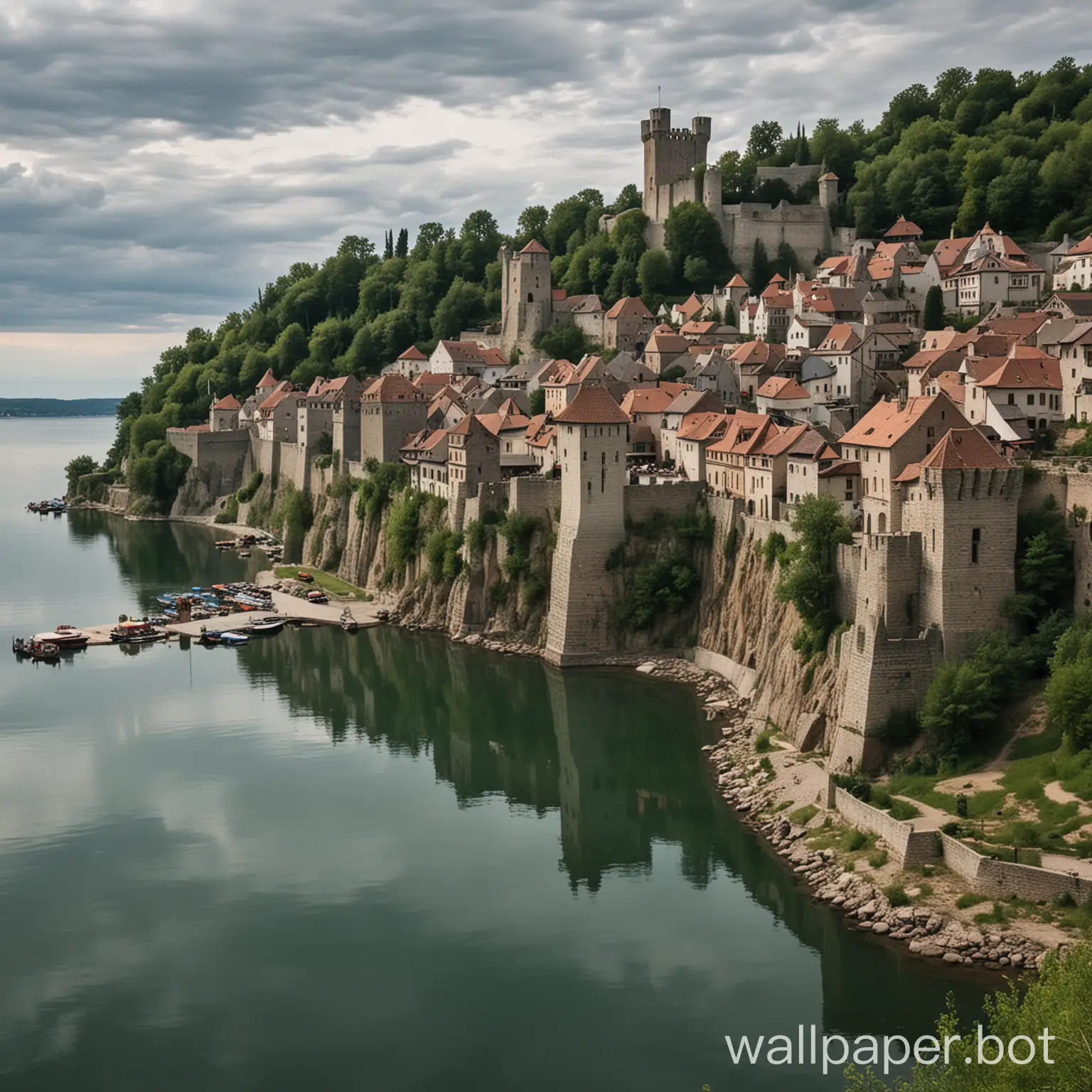 medieval walled town on the shore of a great lake