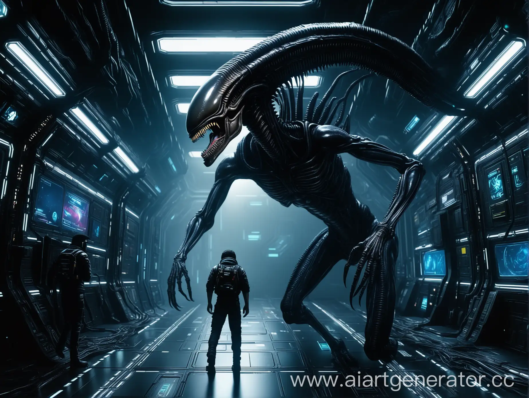 xenomorph alien Prowling in the space station searching the scared man who hiding,masterpiece,official art, extremely detailed CG unity 8k wallpaper,highly detailed,Depth of field,cyberpunk,Panorama,80s movie,rim light,.
