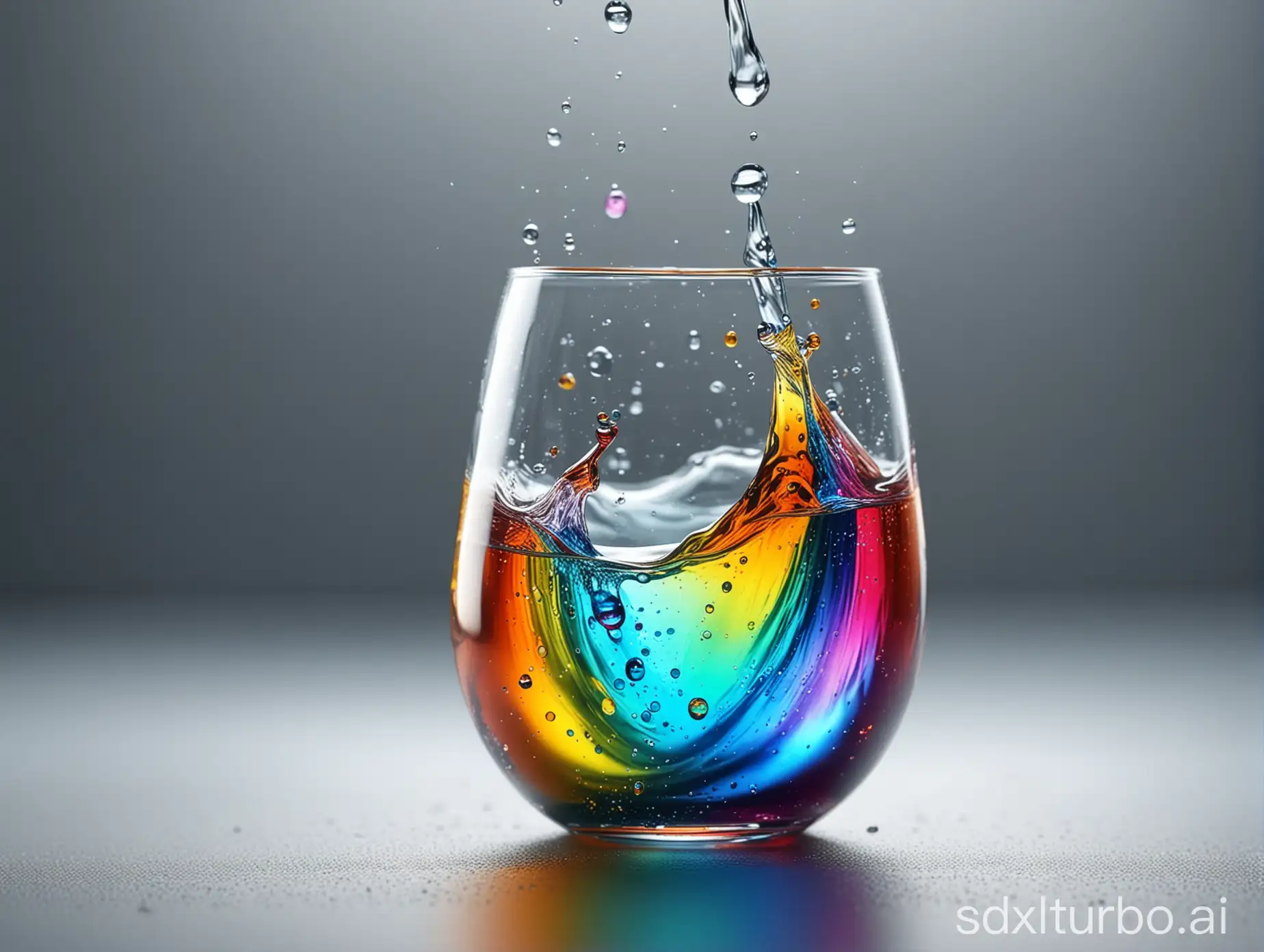 a multicolored drop falling into a glass filled with water, vibrant colors, 8k, hyper realistic, hyper detailed