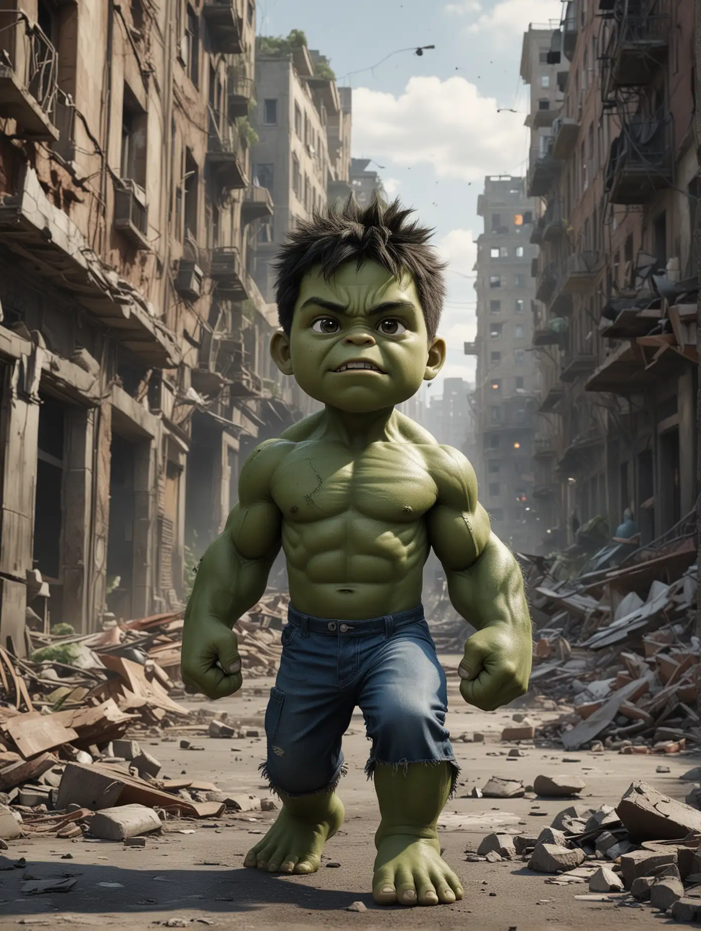 Créame a un niño de 7 años transformado en Hulk en medio de una ciudad destruida creando una escena cinematográfica muy potente que transmita acción y fuerza. El estilo es híper realista 8k