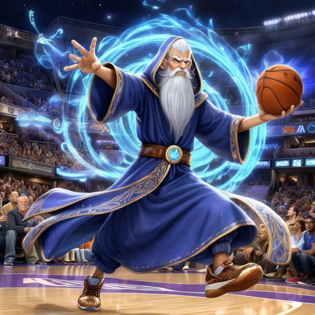 Character Sheet, Merlin the Mage is the epitome of a classic, old-school wizard, but with a twist for the courts of NBA Street-style. Picture him with a long, flowing robe adorned with shimmering stars and arcane symbols, giving off an aura of ancient wisdom and power. Despite his age, he stands tall and proud, with a long, white beard that flows gracefully down to his waist. His piercing blue eyes twinkle with magical energy, and his pointed hat, adorned with moons and stars, adds to his mystical presence.

Instead of a staff, Merlin wields a magical basketball imbued with swirling vortexes of energy, which he manipulates effortlessly with his outstretched hand. When he moves, wisps of magical energy trail behind him, leaving a faint glow in his wake. Despite his old age, Merlin possesses a spryness and agility that belies his appearance, darting around the court with the grace of a seasoned athlete.

In true NBA Street fashion, Merlin exudes confidence and showmanship, pulling off flashy dribbles and mesmerizing trick shots with flair. With every move he makes, the court ripples with arcane energy, captivating both teammates and opponents alike. Merlin is not just a wizard; he's a basketball sorcerer, ready to cast spells and weave enchantments to lead his team to victory on the mystical courts of Slam Dunk Legends: Mythical Hoops.