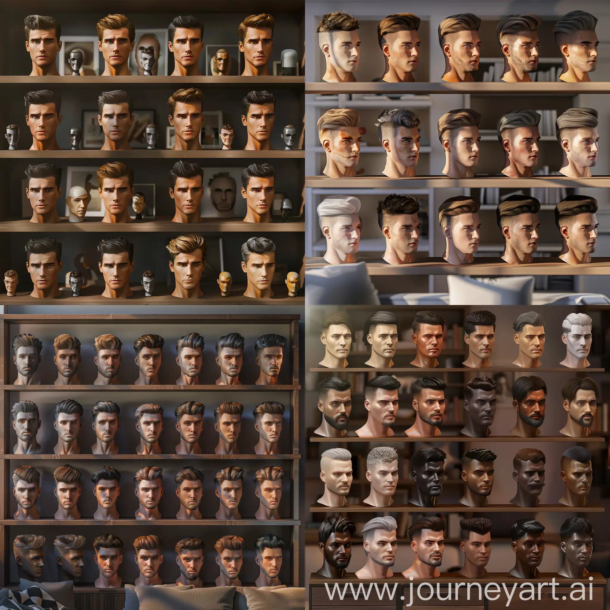A realistic collection of detached handsome male heads, detached real male heads, good looking male heads on shelves, realistic prototype male heads from different ethnicities and different hairtyles, living room background, daylight living room background