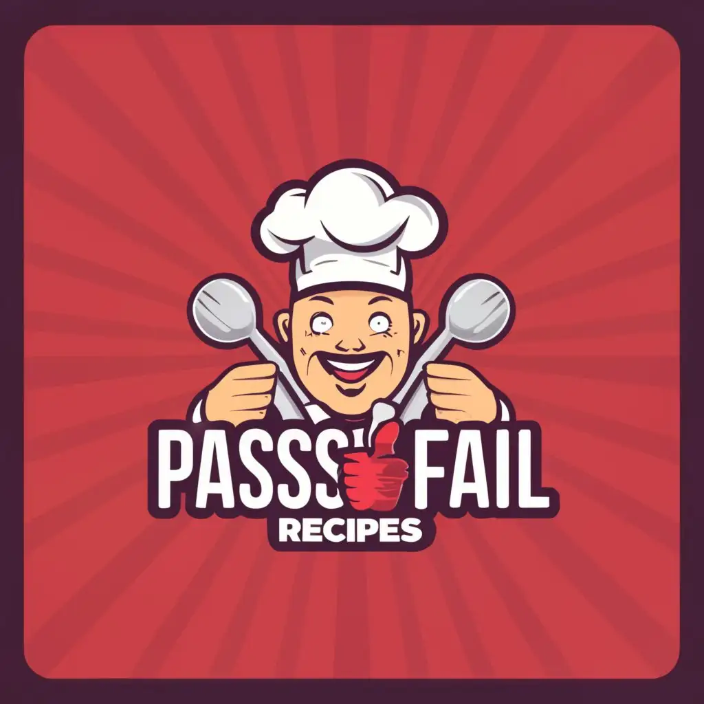 a logo design,with the text "PassOrFail Recipes", main symbol:incorporates a chef's hat to represent cooking, along with a thumbs-up and thumbs-down symbol to symbolize the pass or fail aspect. The use of bold and clear typography ensures easy readability, while the color scheme adds vibrancy and appeal.,Moderate,be used in Restaurant industry,clear background