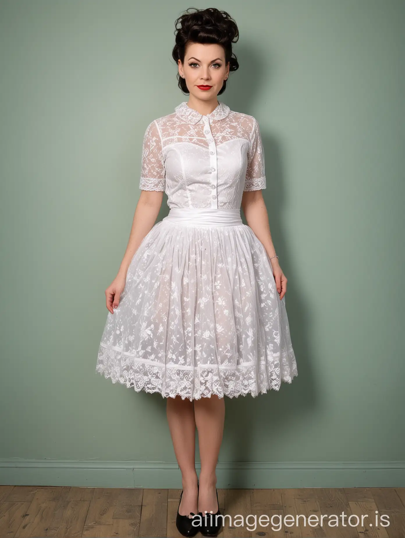 tea-length rockabilly-style fifties bouffante white lace bouffant petticoat, worn by a 35-year-old lady with bouffante hair 
in the dressing room. 