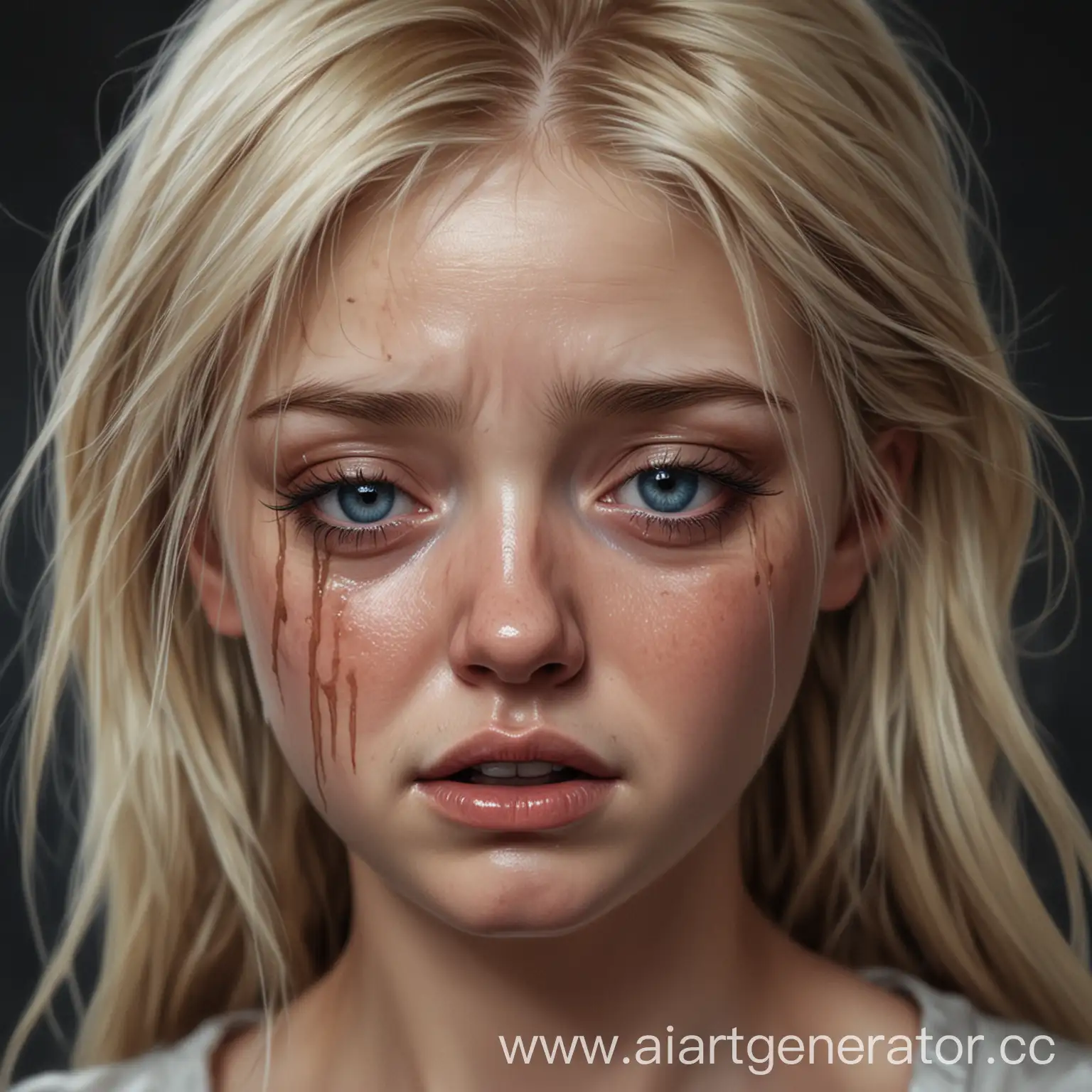 Нарисуй девушку блондинку в реализме, которая плачет, у нее размазан макияж, она очень расстроена, так же у нее голубые глаза, но видно только её лицо.