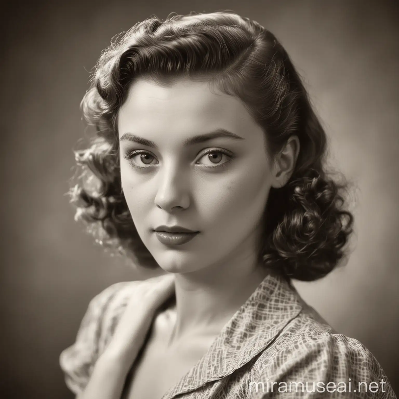 beautiful young woman from the 1940s, realistic, vintage bw photograph