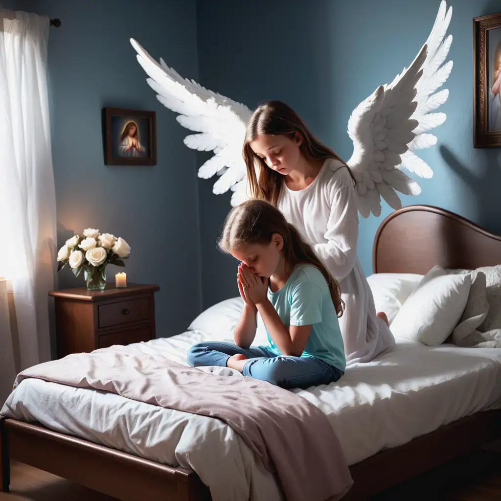 Girl on her knees praying with an angel floating over her bed. The girl is overcoming addiction with the help of her guardian angel. Hopeful.