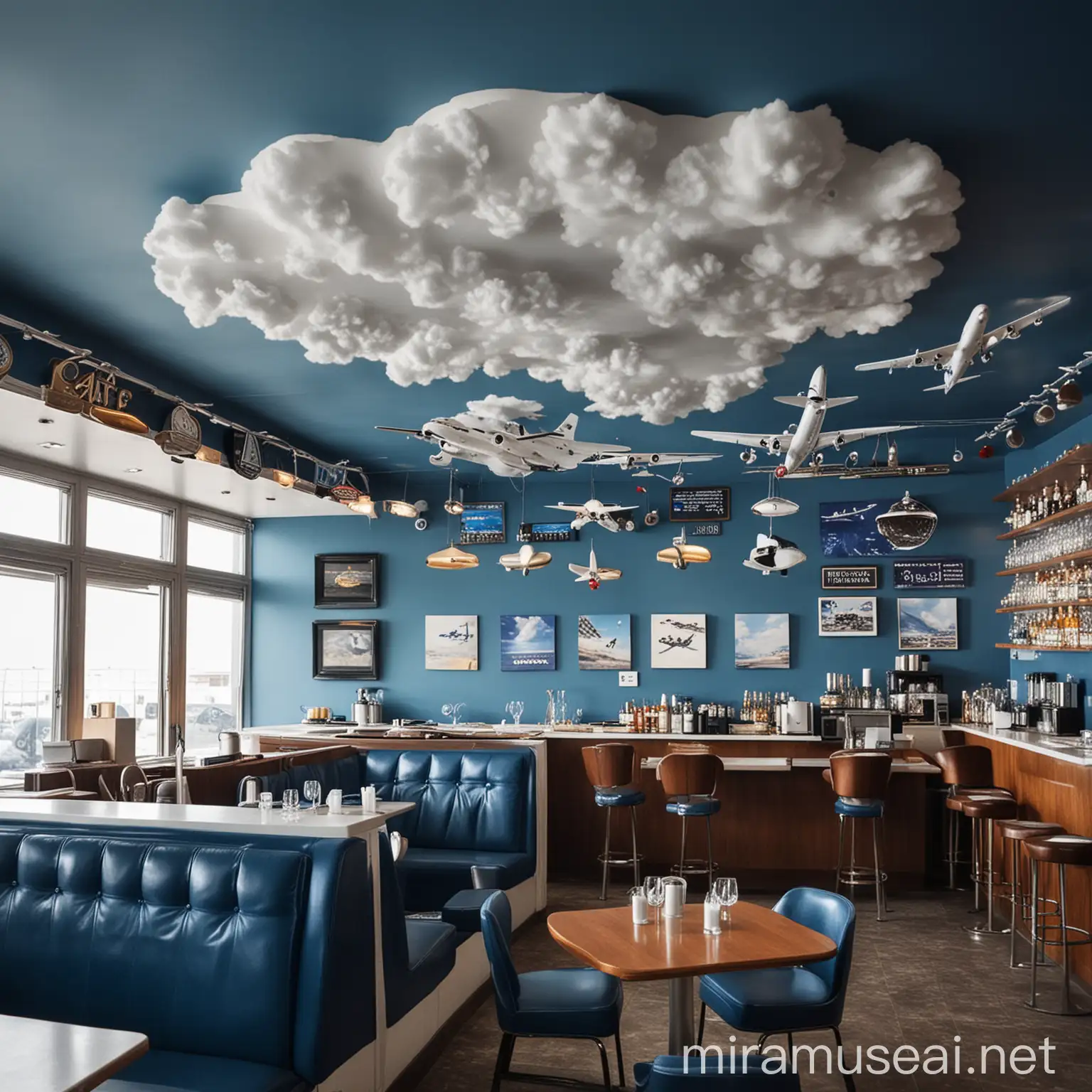 AviationThemed Cafe Cloud Chandelier Flight Board and Pilot Bartender