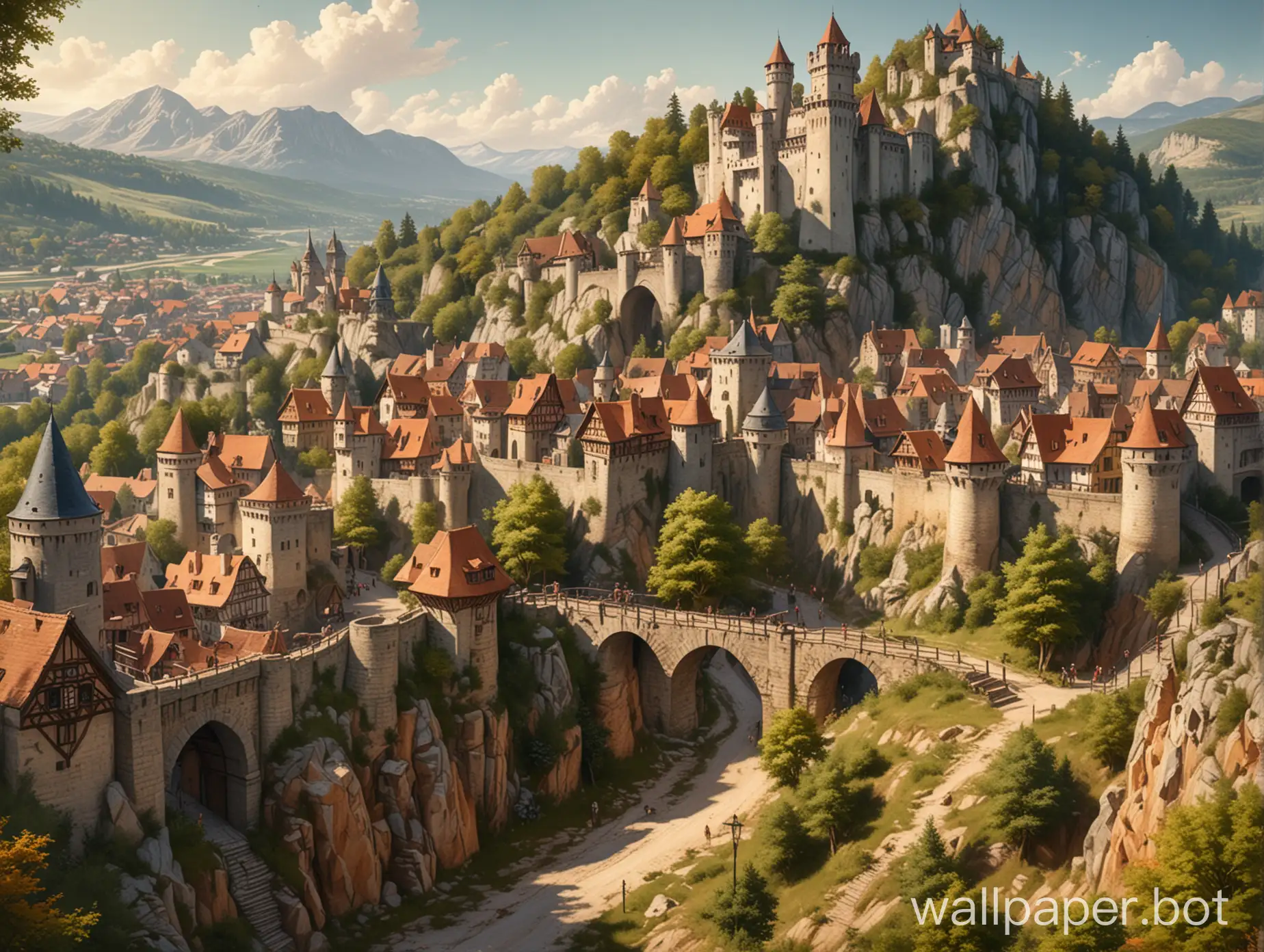 Landscape, mountain in the background, entire medieval village, fantasy, meadow, ramparts, fortifications, close aerial view of the town, view of the entrance to the city with a drawbridge, large trees, drawn style, colored, warm colors, drawing, detailed image, visible details, forest in the background