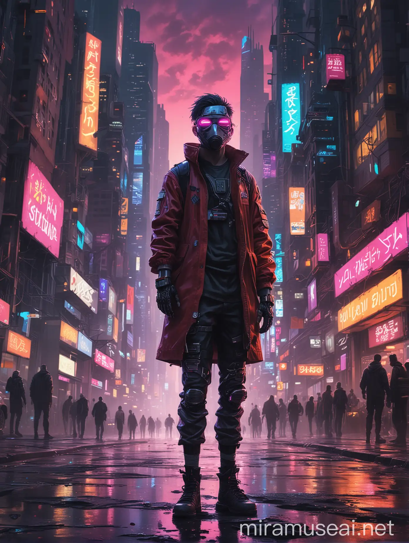 A digital painting depicting an urban explorer standing in the middle of a bustling street, with skyscrapers towering around them. In the background, the twilight sky radiates mesmerizing colors, while city lights begin to flicker on one by one. The explorer wears futuristic clothing with striking neon accents, while their face is covered with a cyberpunk mask, with eyes emanating curiosity and bravery.