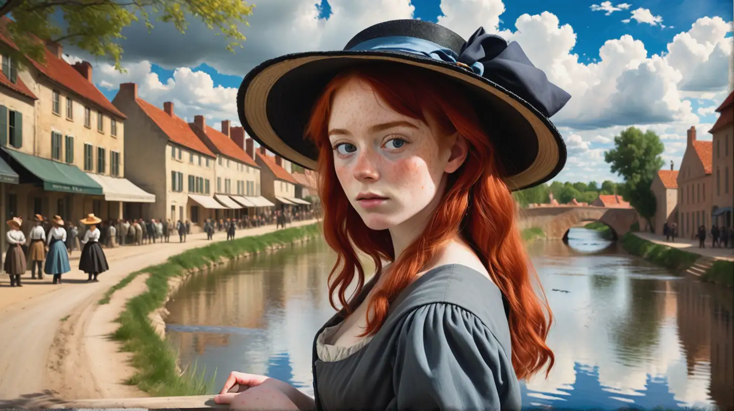 in style of Manet painting create image of young woman with hat, red hair, some freckles with river and 1800's village street scene  behind her with people and clouds in sky