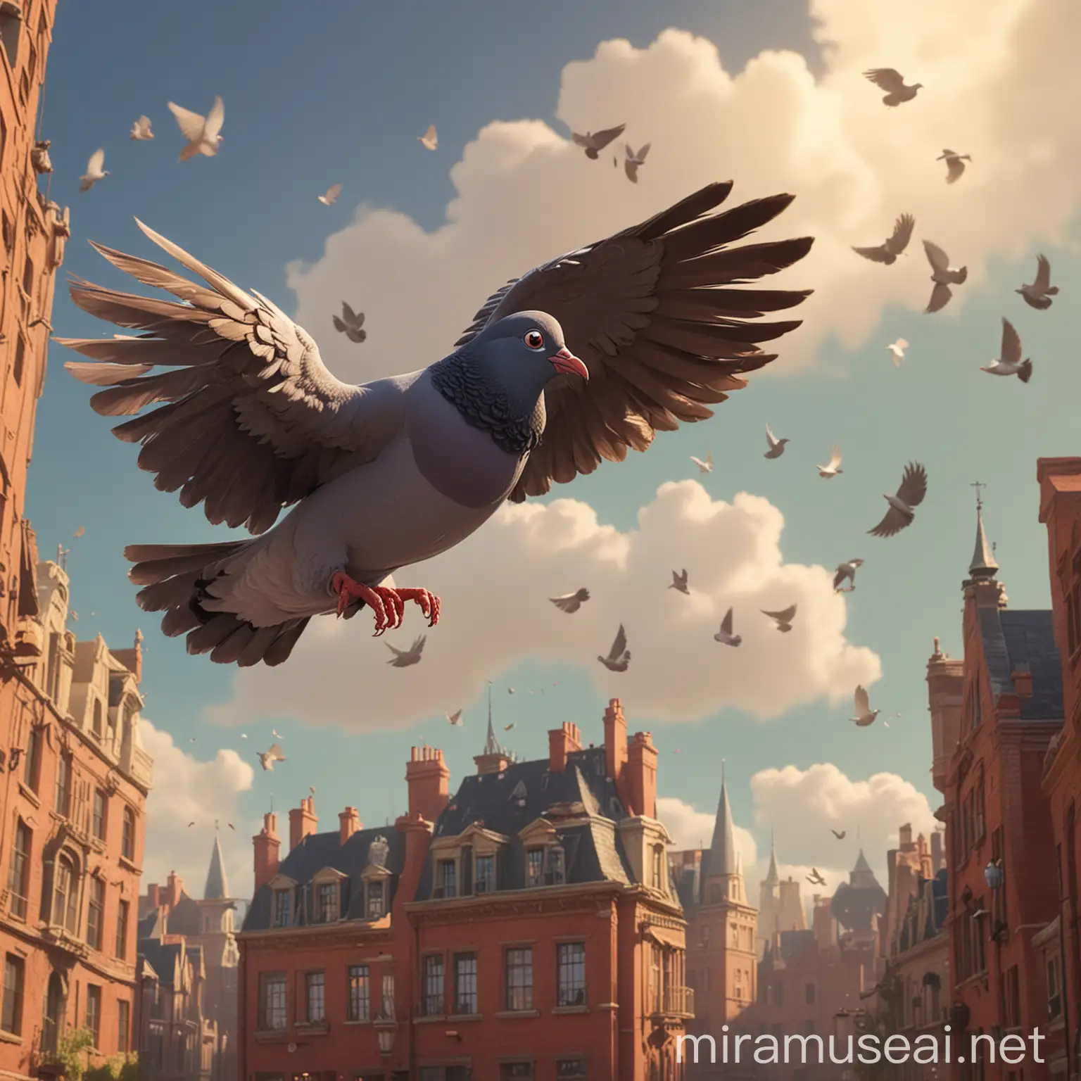A pigeon is flying home，Pixar style