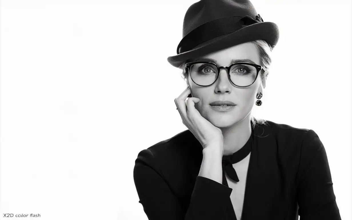 A portrait of  Kate Winslet  with glasses,  in a hat,  20 yo, wearing a white t-shirt, with his hand on his chin, in black and white photography, with high contrast, facing the camera, looking straight ahead against a white background, in the style of a Hasselblad X2D color flash photo. --ar 49:64 --v 6.0 --style raw