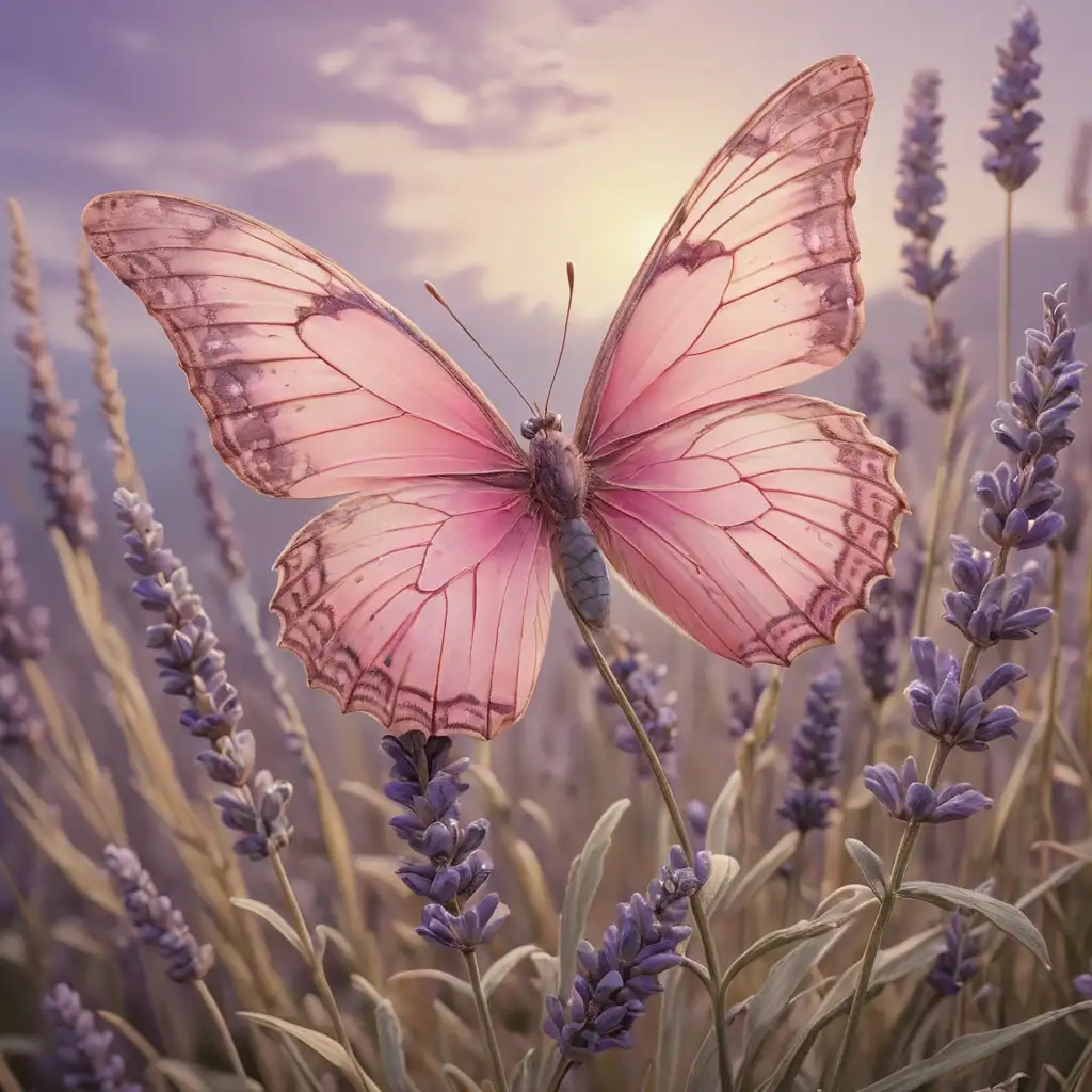 A serene and dreamy scene dominated by lavender flowers and butterflies. A large, vibrant pink butterfly with intricate details rests on a lavender stem, while a smaller, similar butterfly hovers nearby. The background is softly colored, with hints of beige and light purple, giving the impression of a gentle sky, suggesting the theme or title of the artwork. The entire composition exudes a sense of tranquility and beauty.