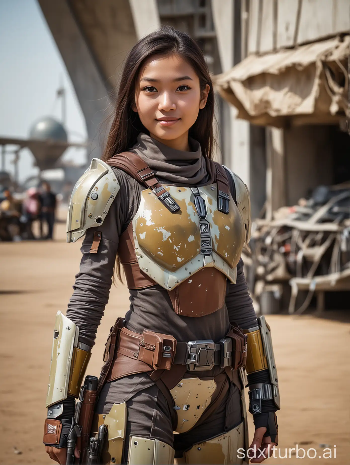 Mandalorian girl, 16-years-old, southeast Asian, at a spaceport