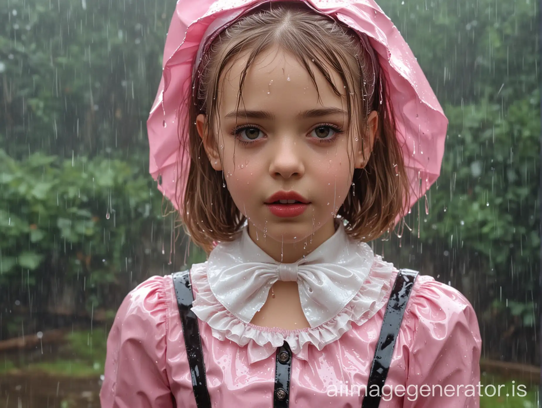hyperrealistic image in the highest quality. 10 year old french girl. extremely skinny. extremely white skin. big darkbrown eyes. lips extremely shiny by a lot of red lipgloss. she is standing in strong summer rain. she is totally wet by the rain. she is wearing an extremely shiny pink and yellow latex sweet lolita outfit. collared and fully closed up. shiny latex ribbon over the collar, big shiny latex lolita ribbon in the hair over the dress she wears a shiny latex pinafore. shiny pantyhose. shiny latex shoes.