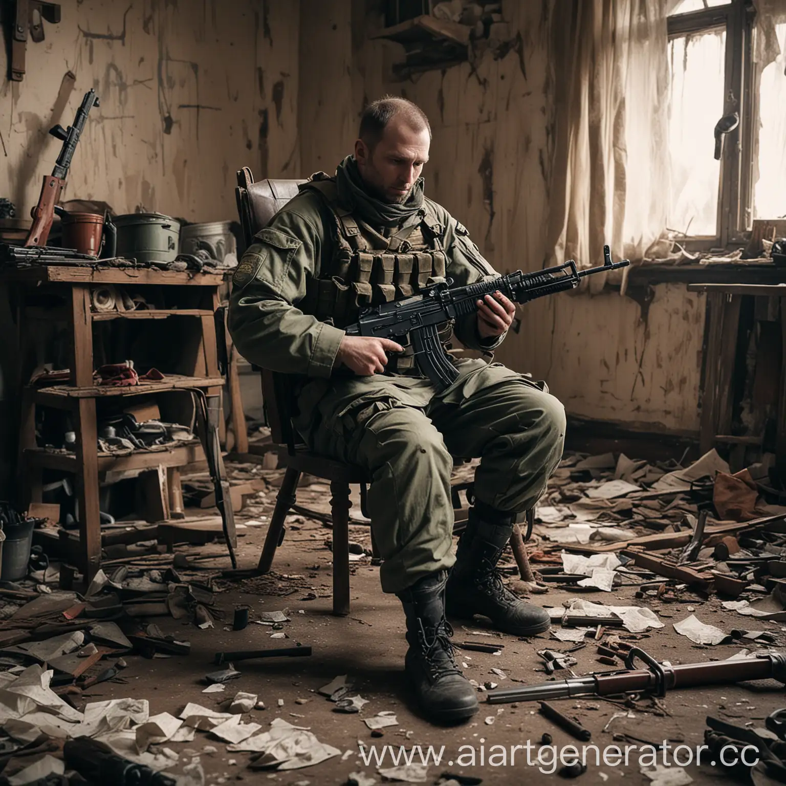 Постапокалипсис заброшенный дом изнутри, в нем на стуле сидит мужчина в военной форме и чистит оружие АК-74

