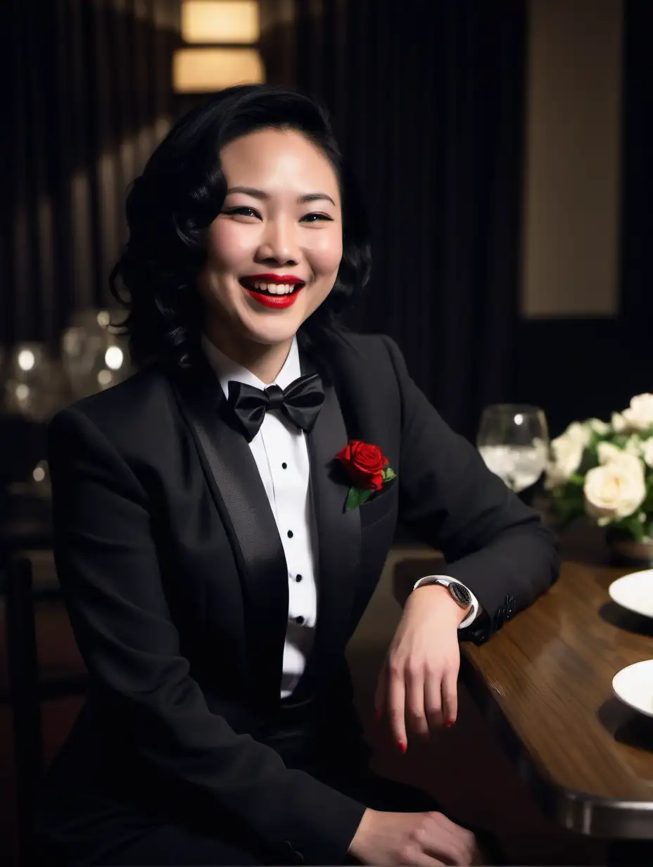 Chic-Chinese-Woman-Laughing-Alone-in-Elegant-Tuxedo