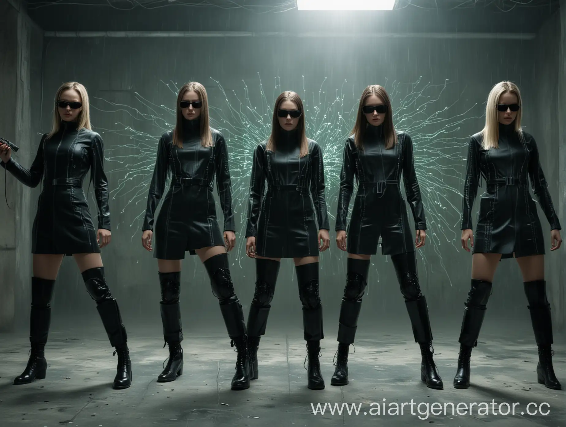 5 girls in matrix are fighting with cyber viruses