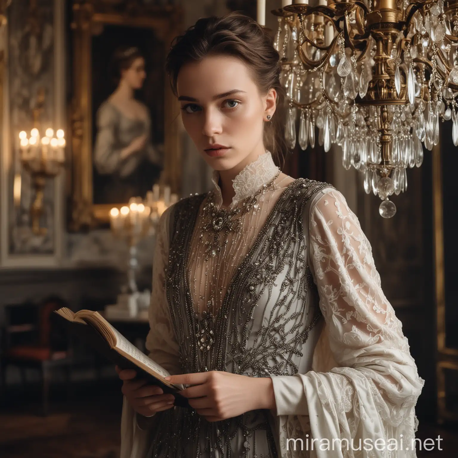beautiful androgynous human with grey eyes, alexander mcqueen elegant dress, in front of a chandelier, reading tarots