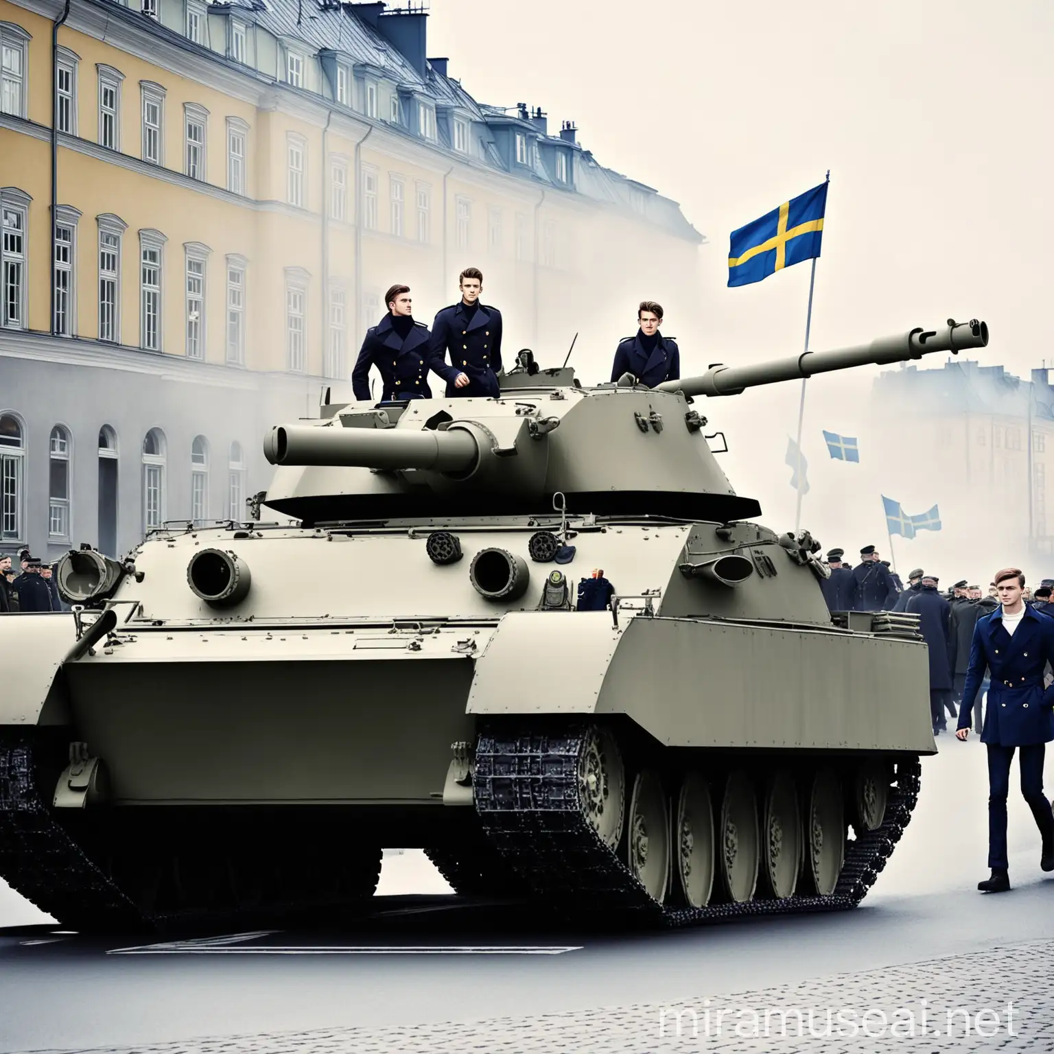 Tanks with the Swedish flag pass by.
The person in charge of this tank at the front is a handsome man in his 20s.
A handsome man in his 20s is wearing a navy trench coat.